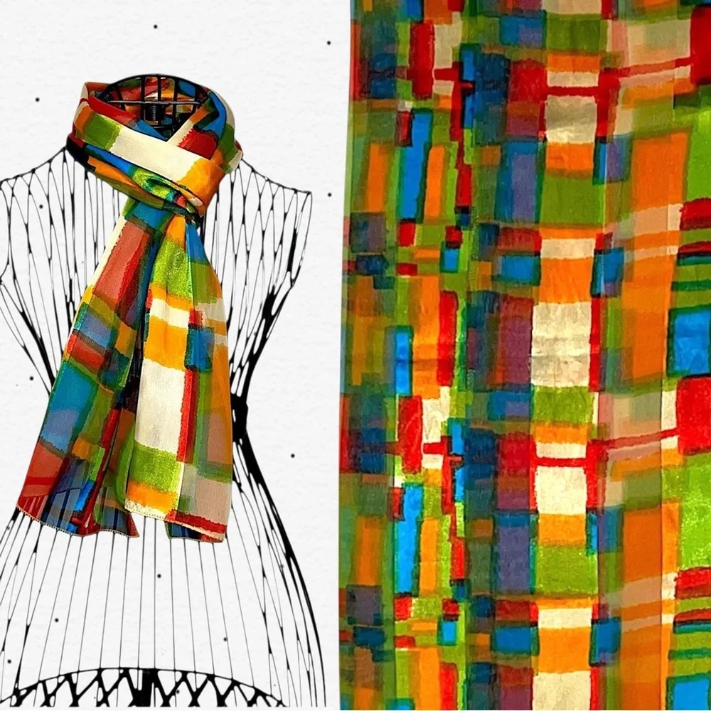 Colorblock Abstract Silk Scarf - Bright Multicolor